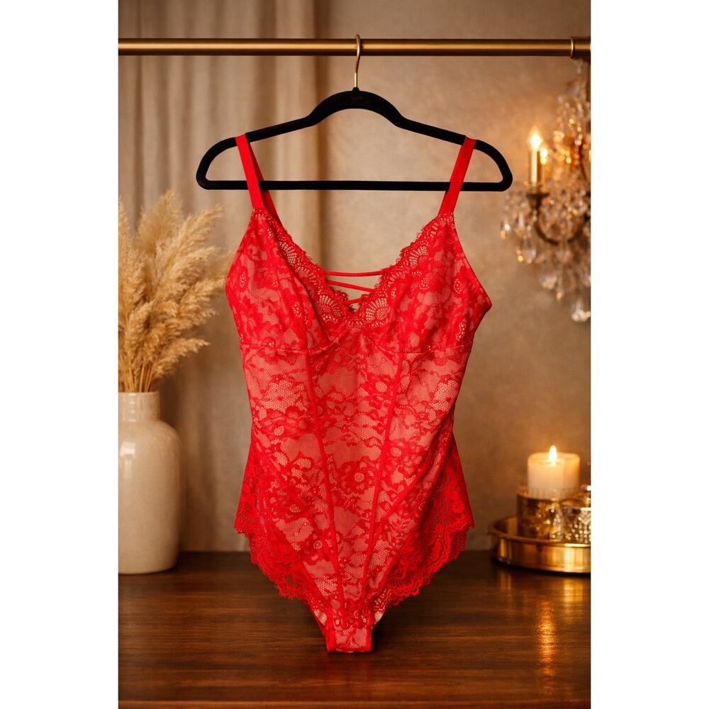 Shapellx Red Lace Bodysuit XL NWT Sheer Mesh Nude Lined Lace Up Back Shapewear
